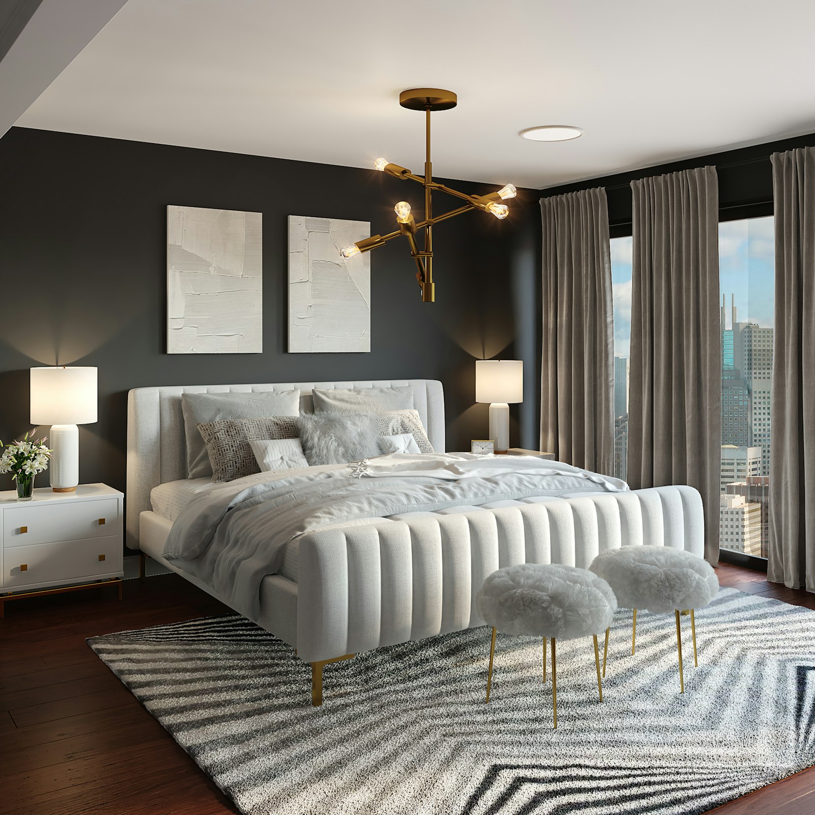 A bedroom at dusk with layered warm lamps and curtains drawn back